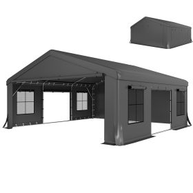 20' x 20' Heavy Duty Carport, Portable Garage Car Canopy Tent Shelter with 3 Roll-up Doors, 4 Windows, Dark Gray