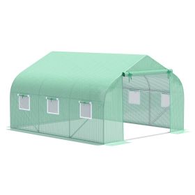 12' x 10' x 7' Outdoor Walk-in Greenhouse, Tunnel Green House with Roll-up Windows, Zippered Door, PE Cover, Heavy Duty Steel Frame, Green (Color: as Pic)